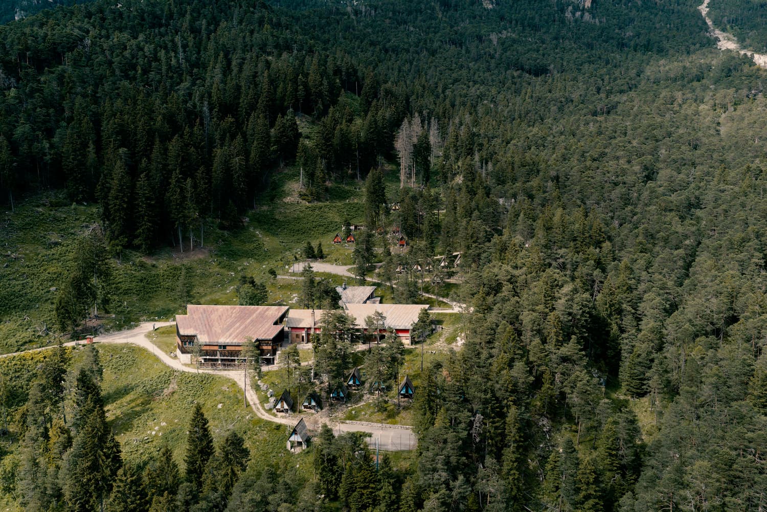 Der Wald von Borca di Cadore mit den Gebäuden des Dorfes