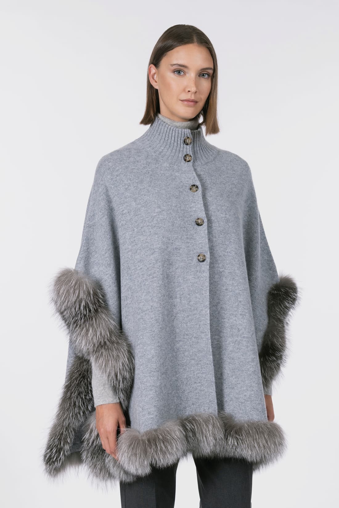Pure Cashmere Buttoned Poncho with Fox Fur Trim
